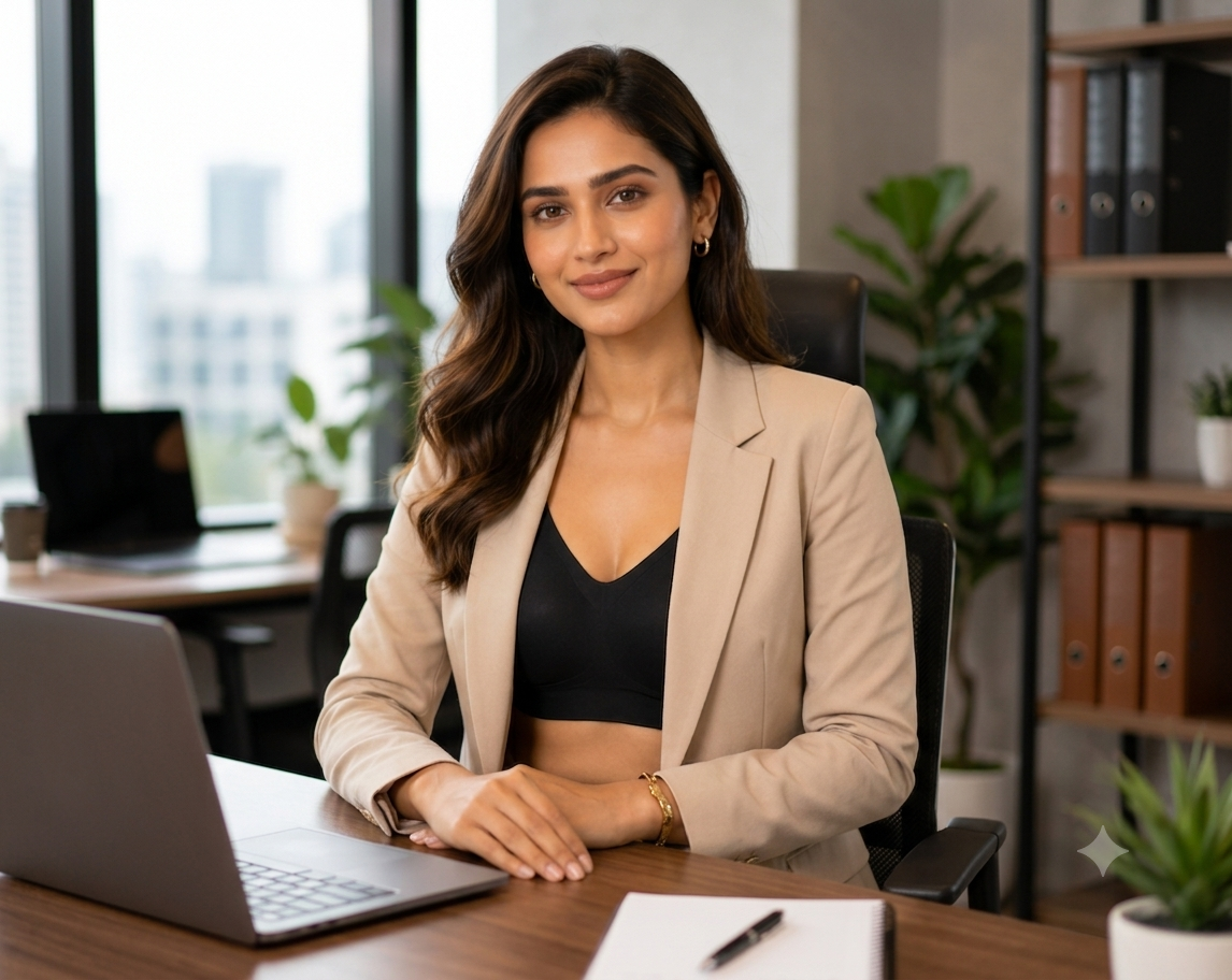 Woman in blazer wearing seamless shaping bra with confidence